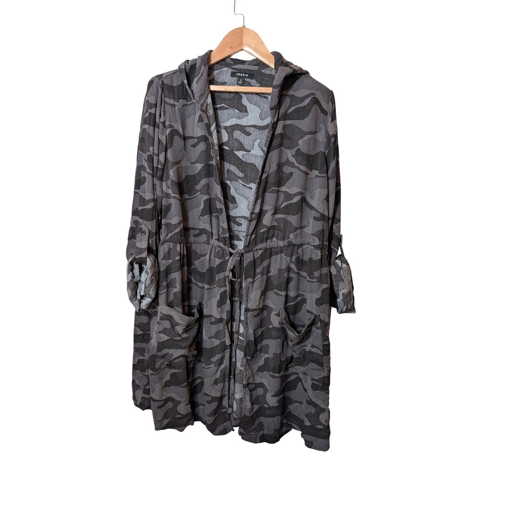 Torrid Grey Camo Hooded Drawstring Waist Cardigan Plus Size 1 1X 42240139